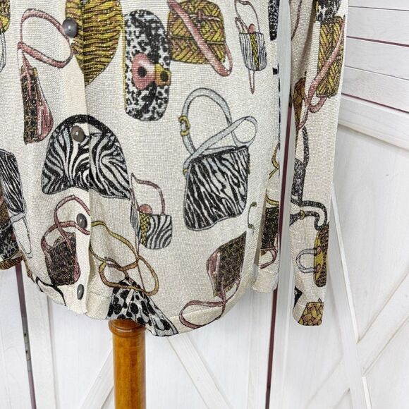 XXist Shimmer Purses Print Button Up Cardigan Sweater Gold Tan Multi Large - Picture 7 of 13